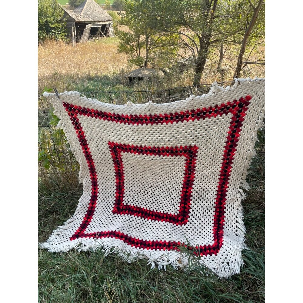 Vintage 1970s Large Granny Square Crochet Fringed Afghan Blanket